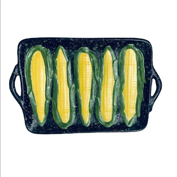 Ceramic Corn on the Cob Serving Black/ Yellow /Green handholders Platter - Picture 1 of 9